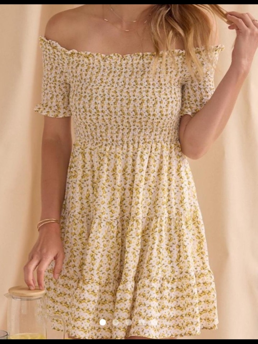 Francesca's Yellow Floral Off-Shoulder Smocked Mini Dress - Size XS